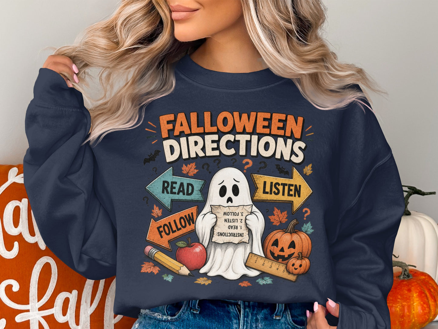 Falloween Directions ghost design with pumpkins, apple, pencil, and ruler.