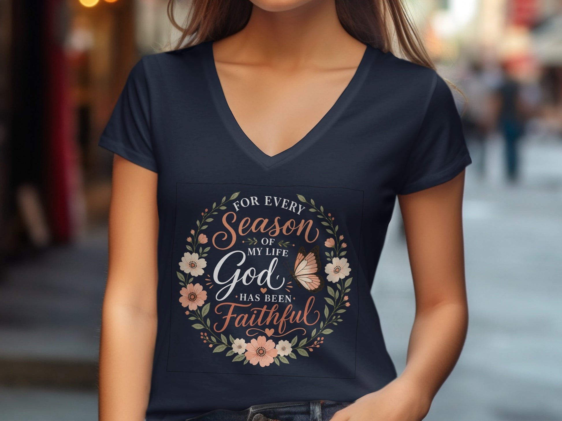 Navy V-neck t-shirt with floral wreath graphic reading "For every season of my life God has been faithful".