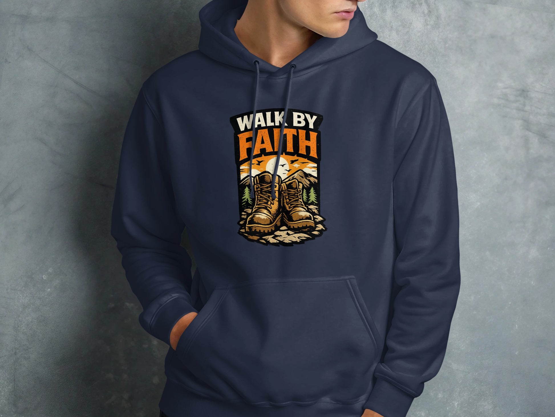 Navy hoodie with "Walk by Faith" text and hiking boots graphic.
