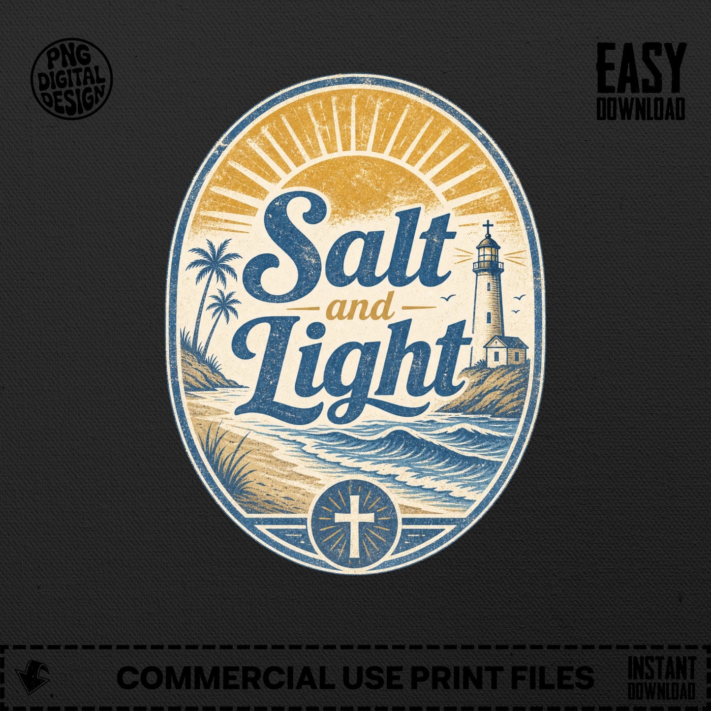 Oval emblem with lighthouse and beach scene, text "Salt and Light" with a cross.