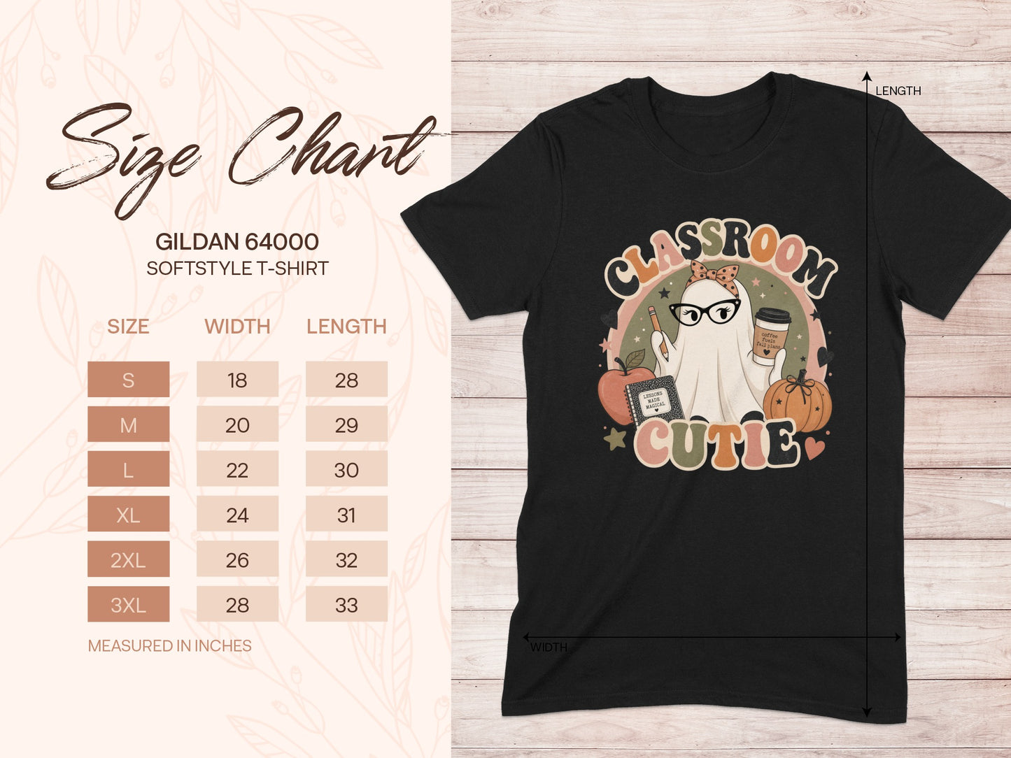 Black Gildan softstyle t-shirt with classroom ghost graphic and size chart.