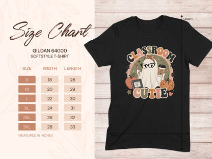 Black Gildan softstyle t-shirt with classroom ghost graphic and size chart.