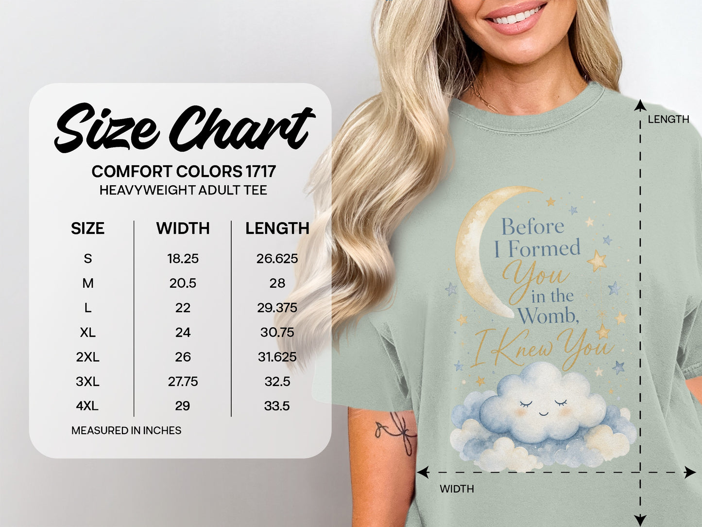 Size chart for Comfort Colors 1717 heavyweight adult tee with width and length measurements.