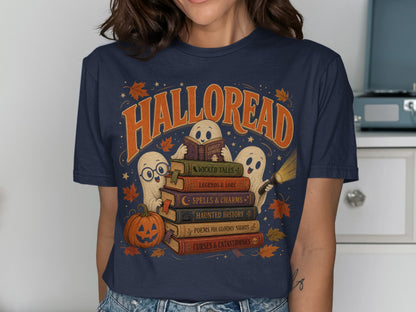 Halloween t-shirt with ghosts reading books titled "Halloread" and spooky themes.
