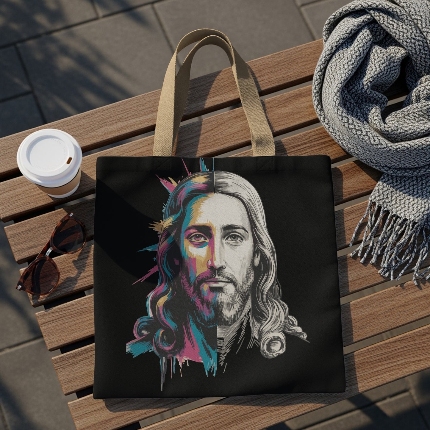 Black tote bag with a split portrait of Jesus, one half in color, the other in black and white.