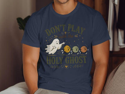 T-shirt with "Don't Play with the Holy Ghost" text and cartoon ghosts.