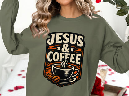 Olive green sweatshirt with "Jesus & Coffee" text and coffee cup graphic.