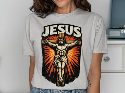 Jesus Christ on the cross design on a light gray t-shirt.