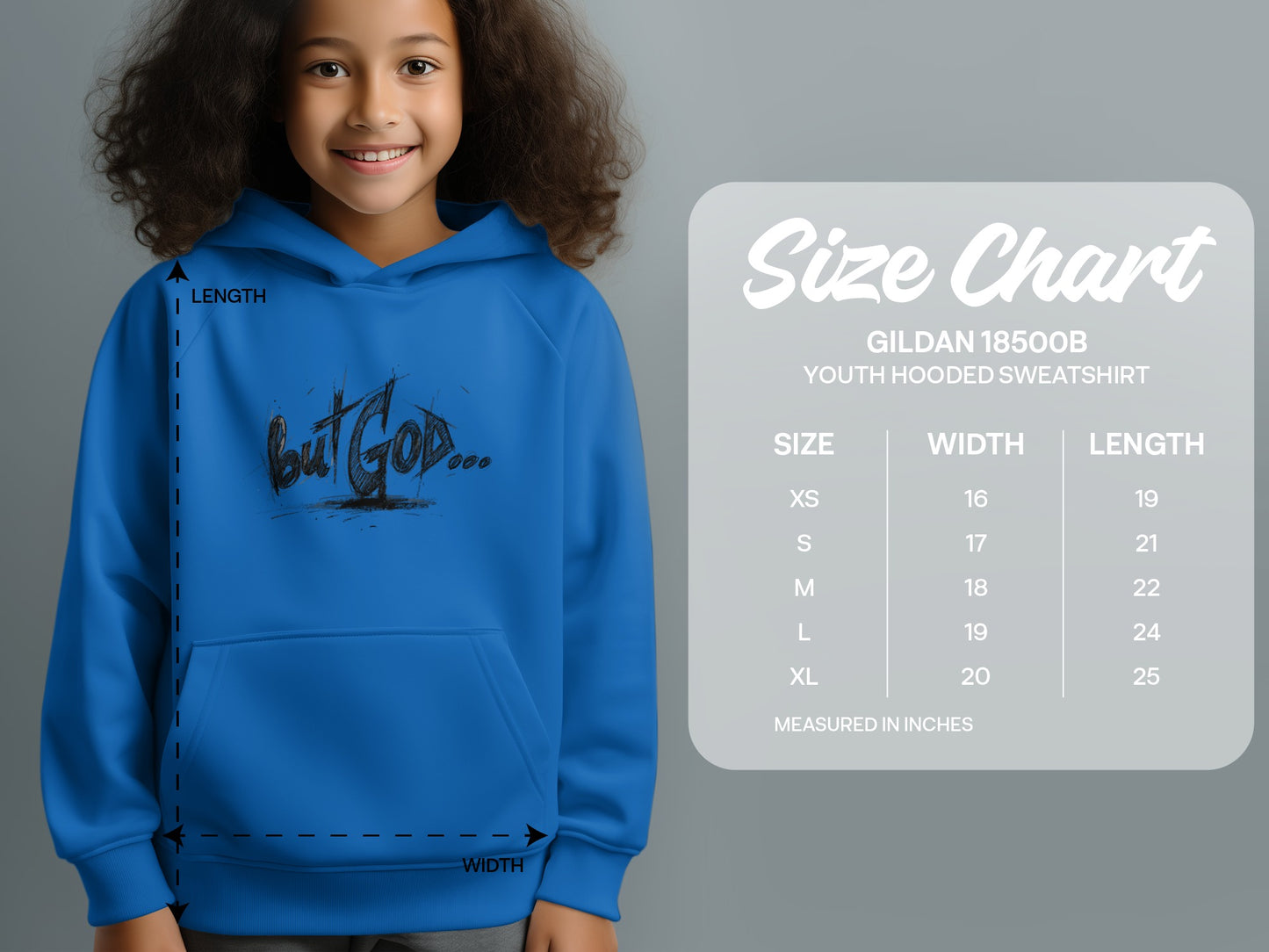 Gildan 18500B youth hooded sweatshirt size chart with width and length measurements.