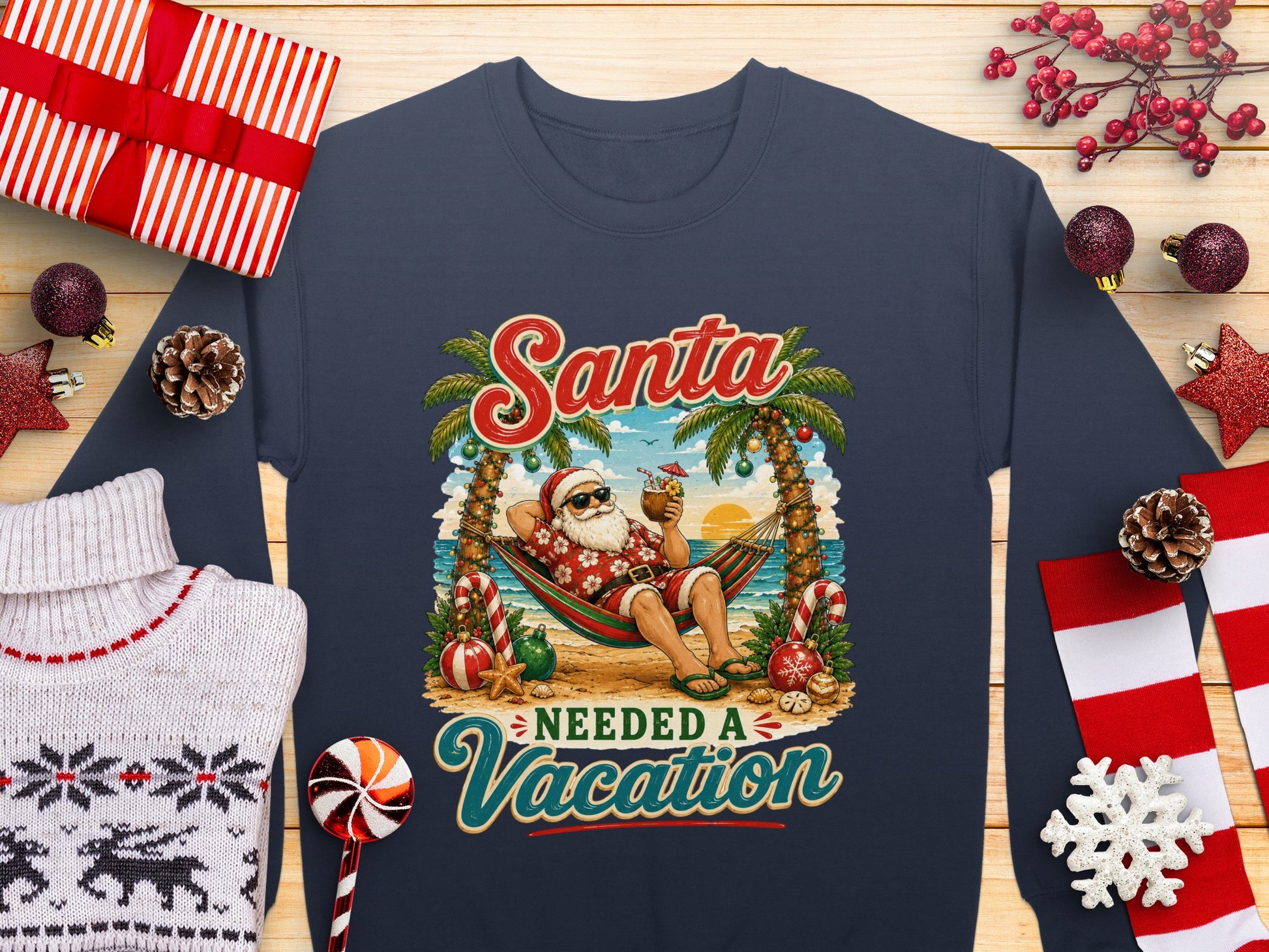 Santa in hammock on beach, "Santa Needed a Vacation" text.