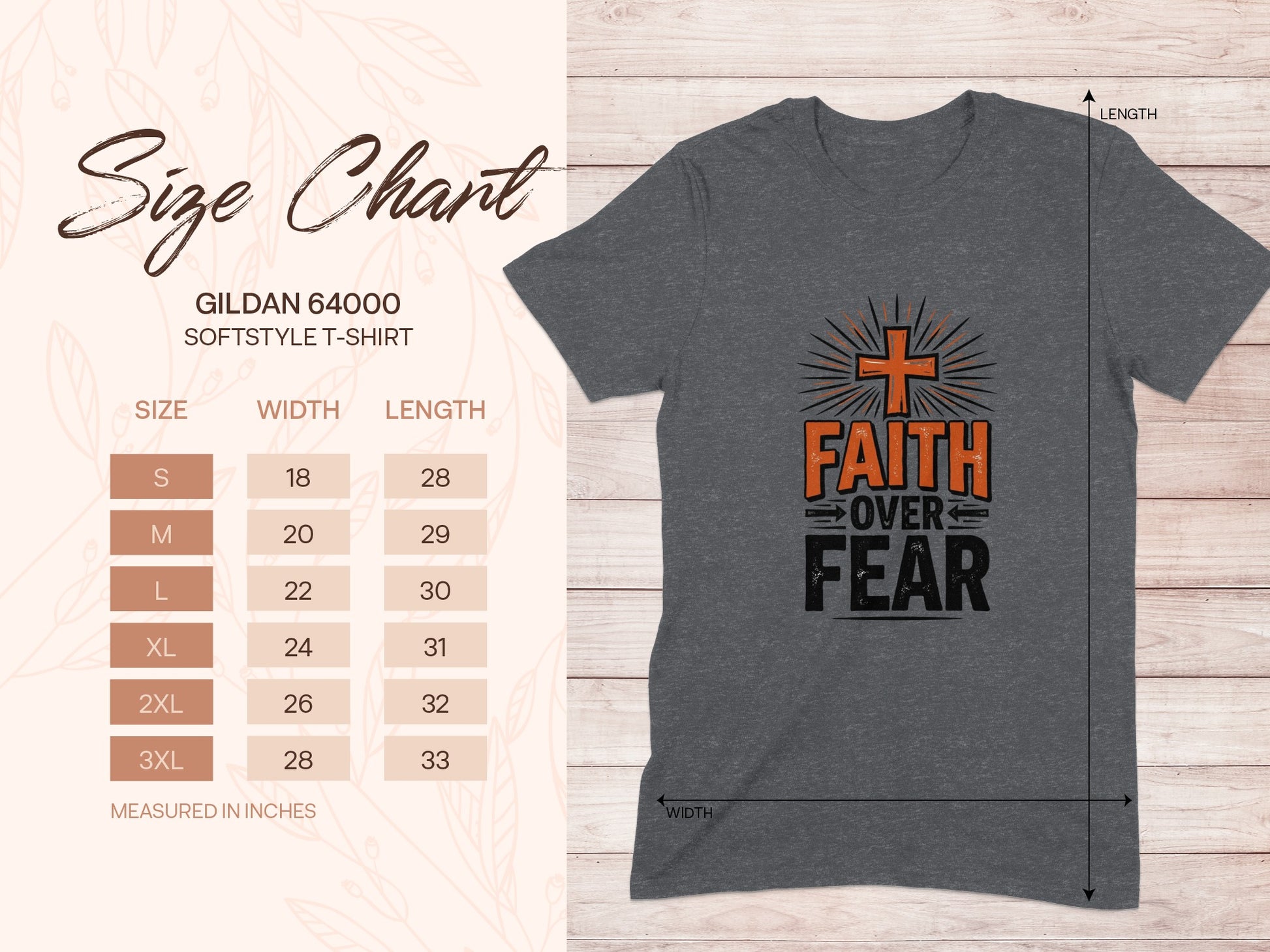 Gildan 64000 size chart with "Faith Over Fear" graphic t-shirt.