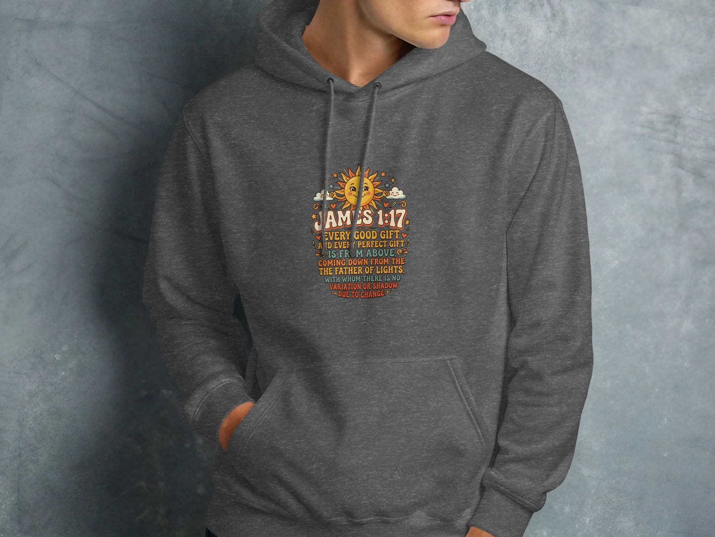Gray hoodie with "James 1:17" Bible verse and sun graphic.