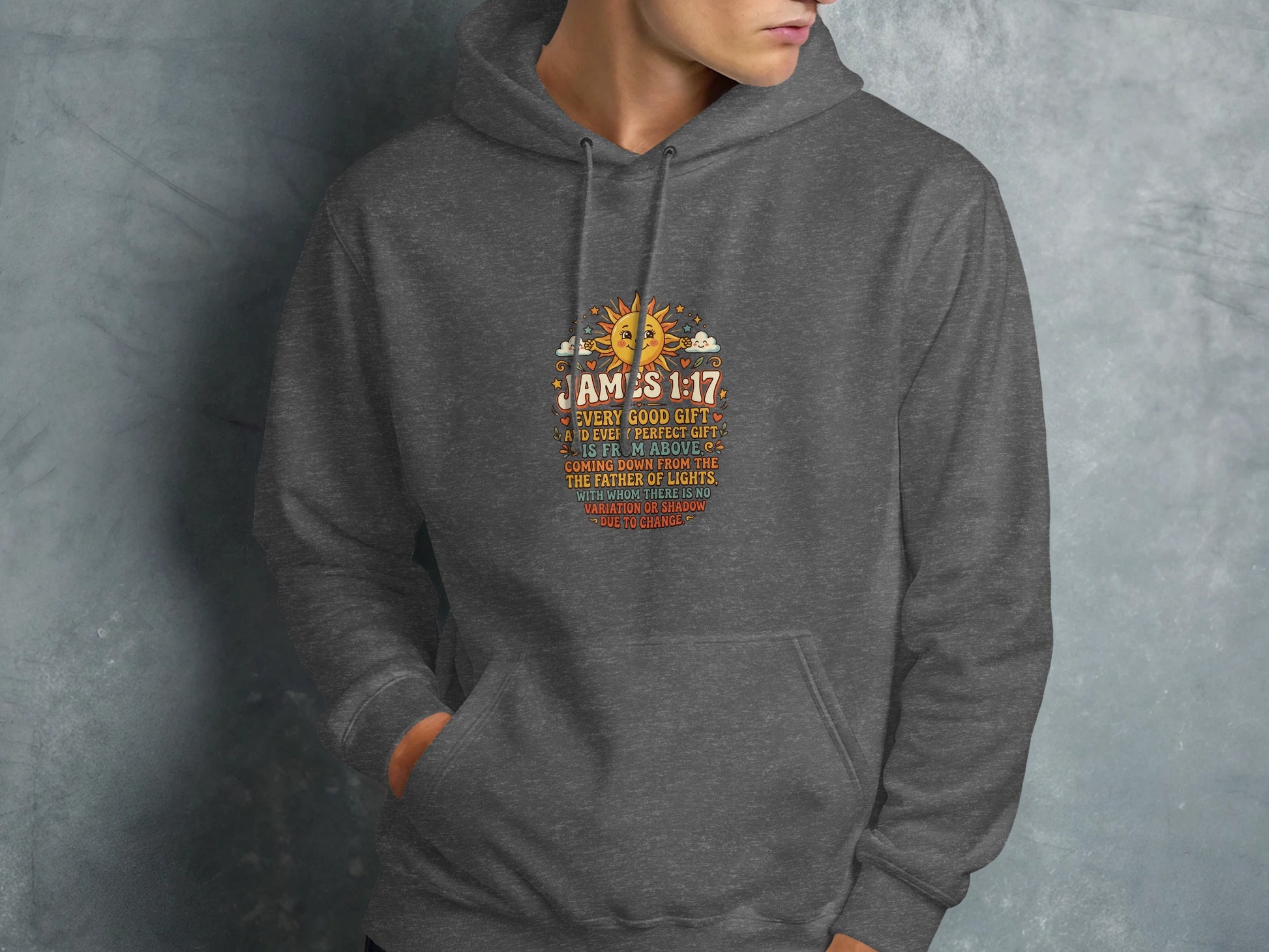 Gray hoodie with "James 1:17" Bible verse and sun graphic.
