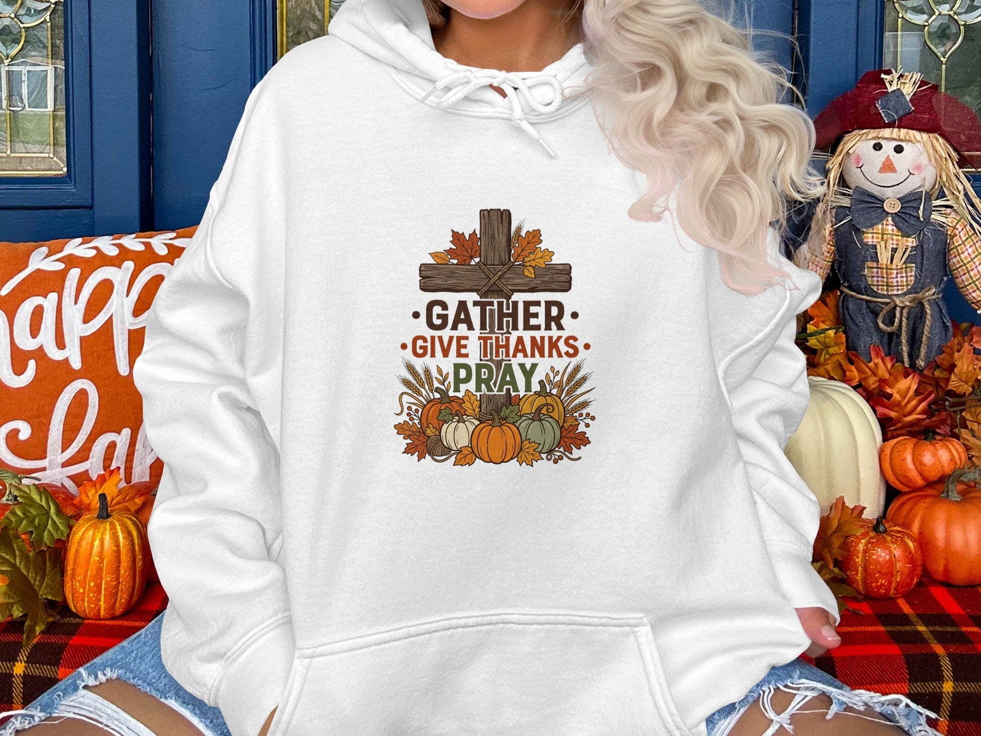 White hoodie with fall harvest graphic and "Gather, Give Thanks, Pray" text.