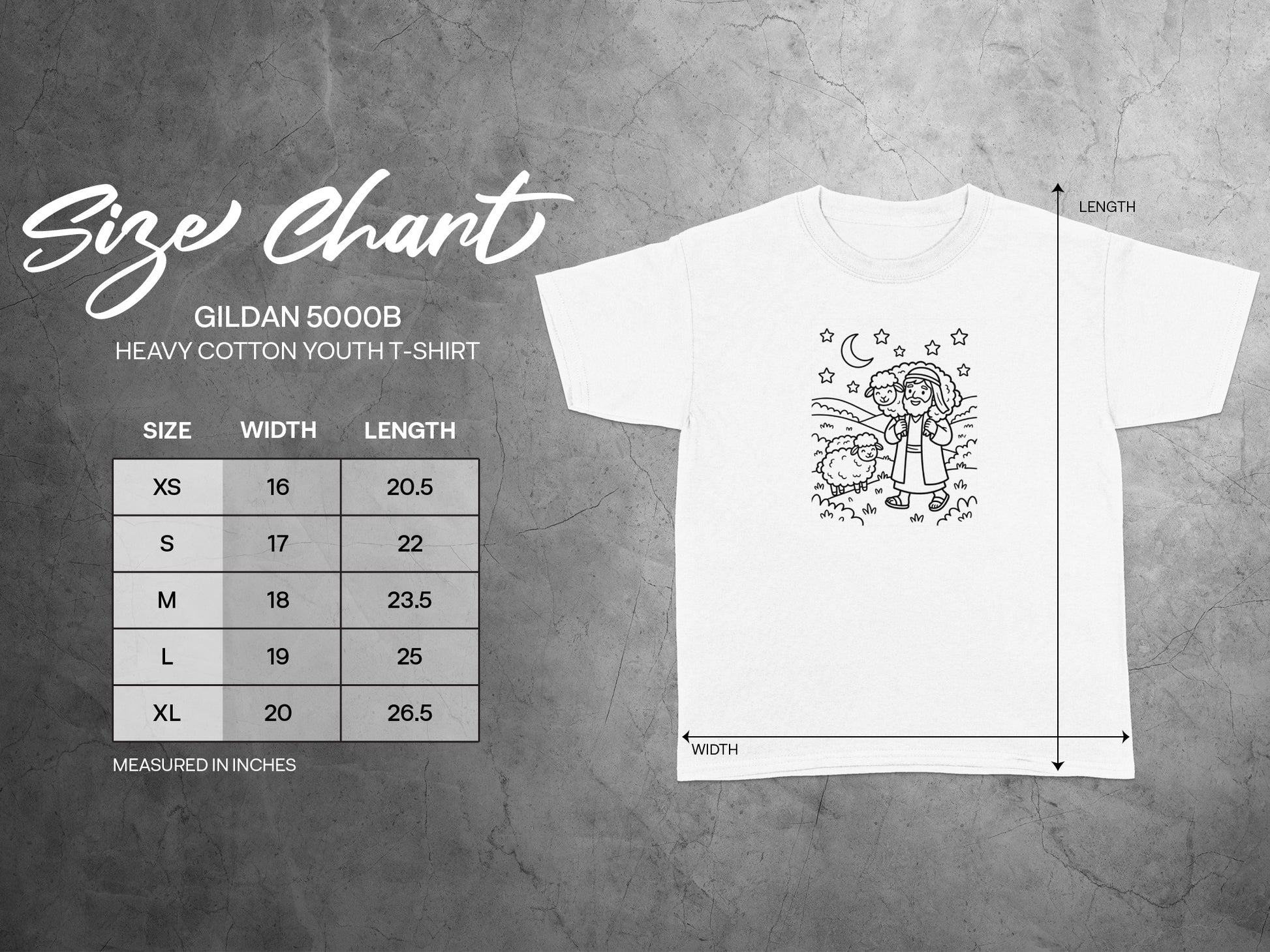 Gildan 5000B youth t-shirt size chart with width and length measurements.