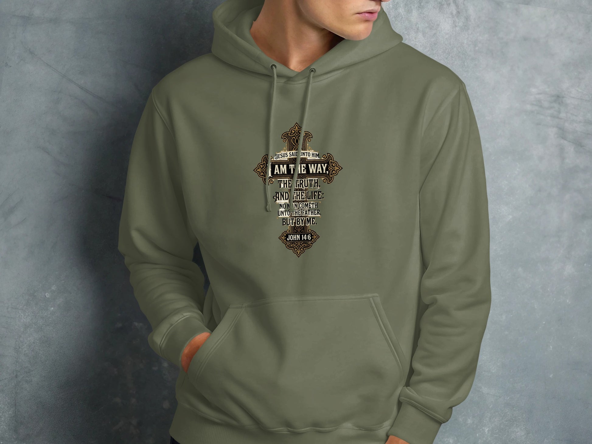 Green hoodie with "Jesus said unto him, I am the way, the truth, and the life: no man cometh unto the Father, but by me. John 14:6"