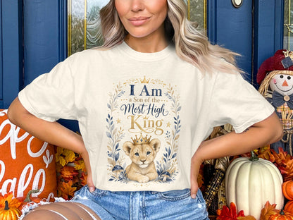 Cream t-shirt with a lion cub wearing a crown and text "I Am a Son of the Most High King".