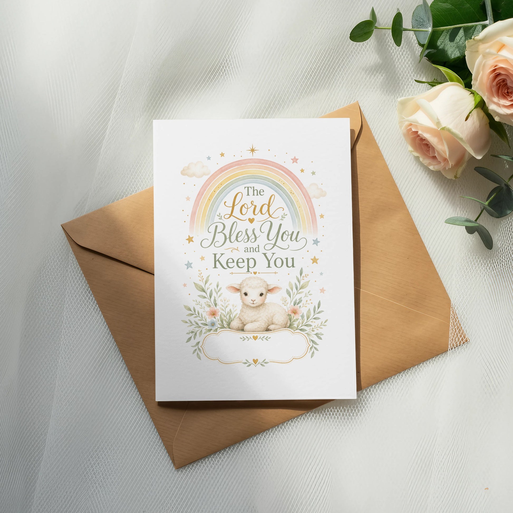 Greeting card with rainbow, lamb, and text "The Lord Bless You and Keep You."