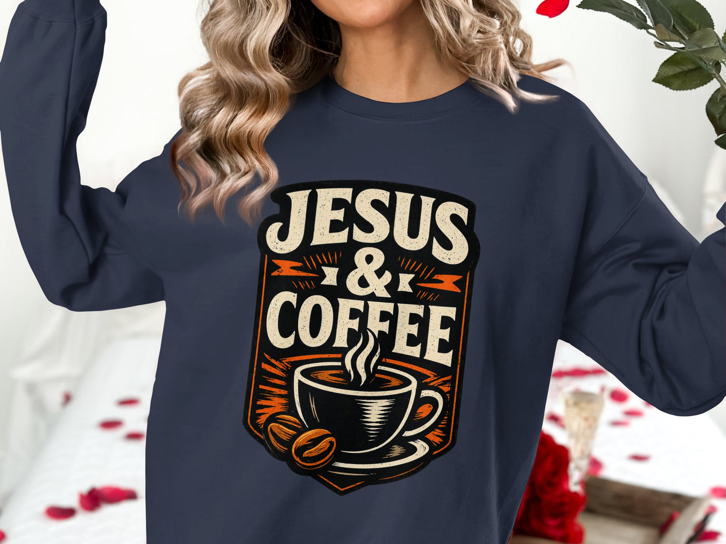 Navy sweatshirt with "Jesus & Coffee" graphic and coffee cup design.