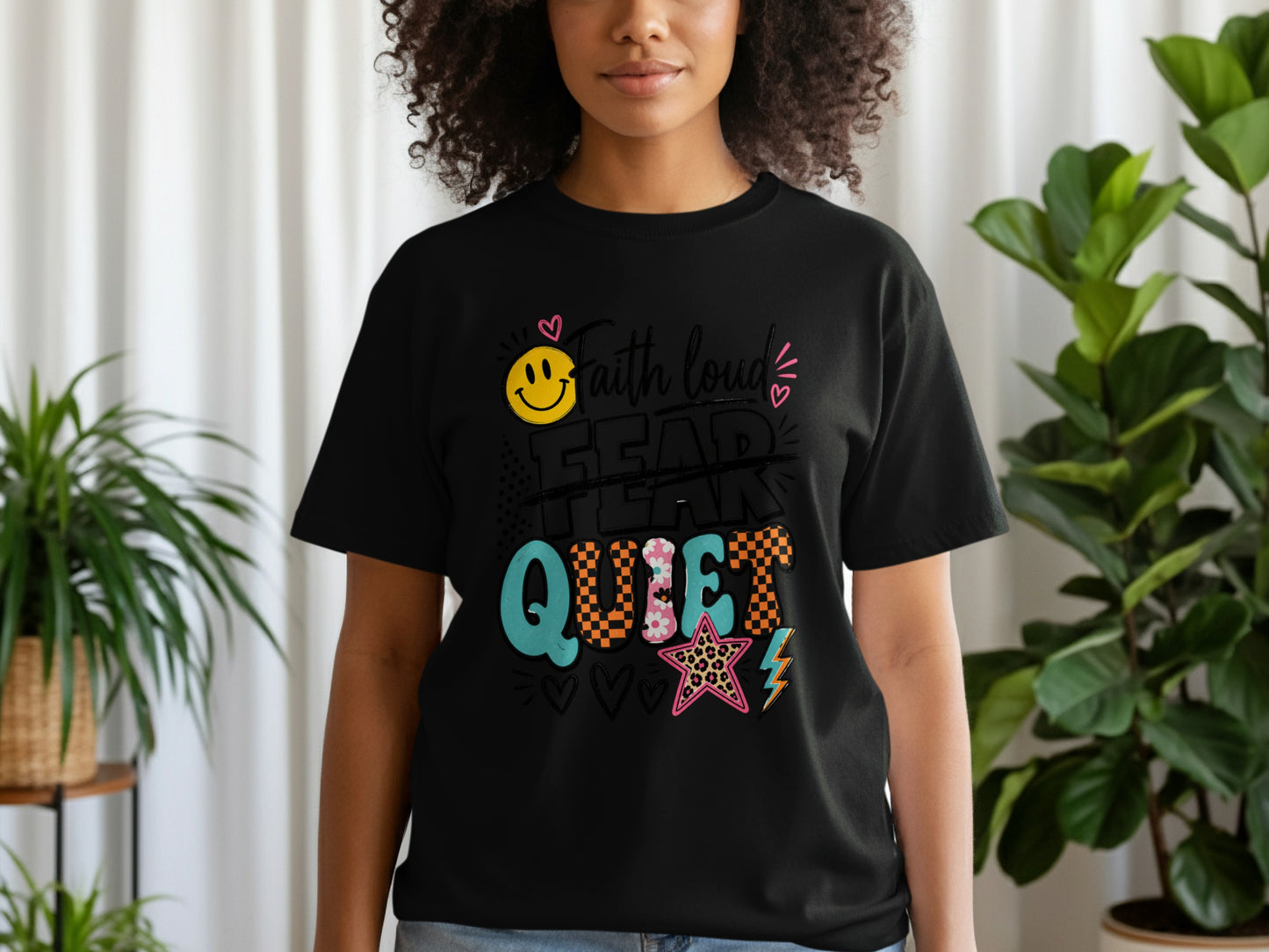 Black t-shirt with "Faith loud FEAR quiet" graphic and embellishments.