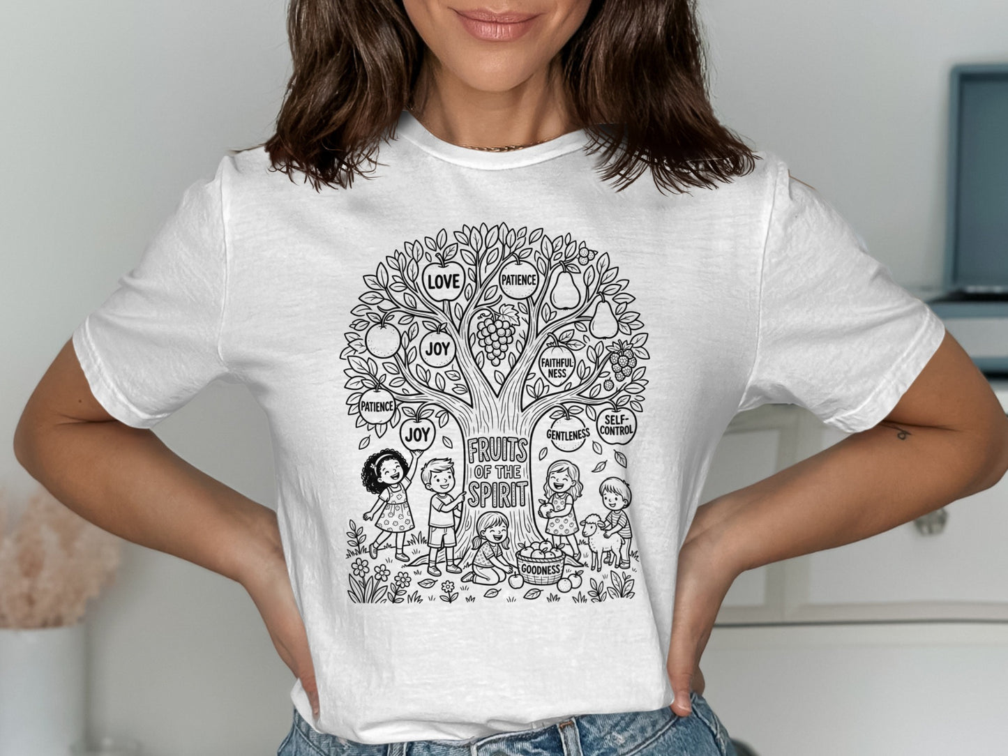 Black and white line art of a tree with "Fruits of the Spirit" labeled and children at its base.