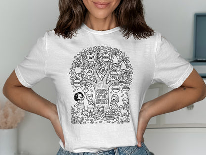 Black and white line art of a tree with "Fruits of the Spirit" labeled and children at its base.