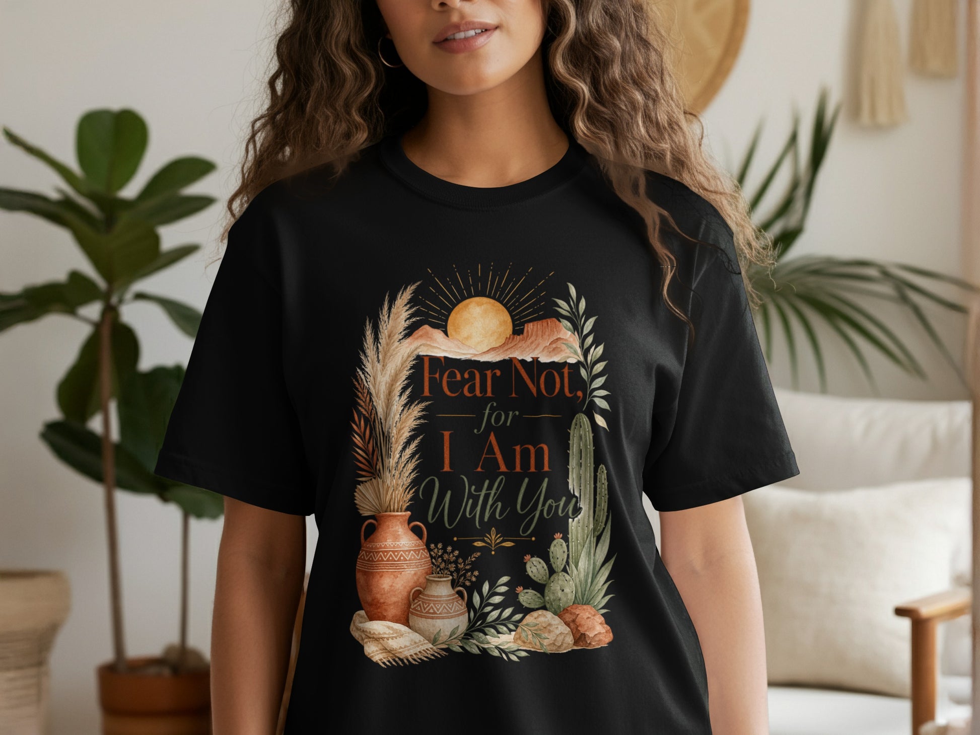 Black t-shirt with "Fear Not, for I Am With You" text and desert-inspired graphics.