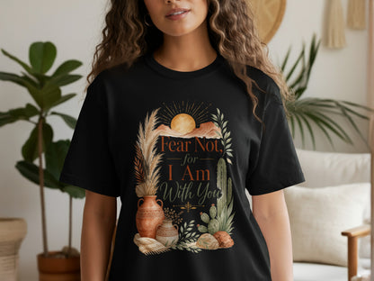 Black t-shirt with "Fear Not, for I Am With You" text and desert-inspired graphics.
