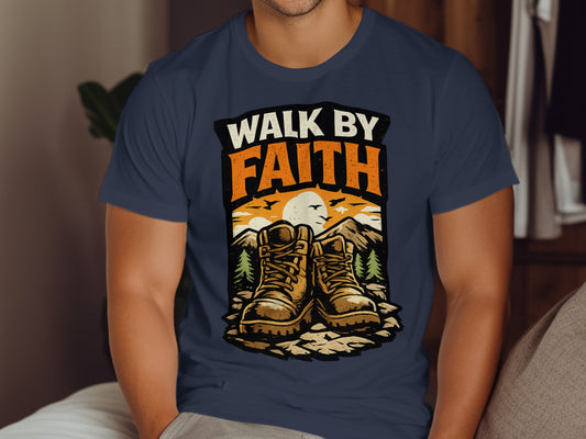 Hiking boots and sunset graphic on a navy t-shirt with "WALK BY FAITH" text.