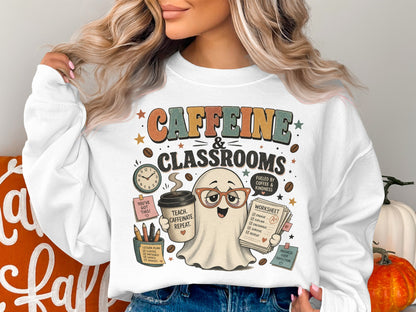 Cute ghost with glasses, coffee cup, and worksheet titled "Caffeine & Classrooms".
