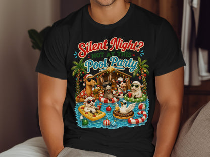 Christmas animals in a pool with text "Silent Night? Not at This Pool Party".