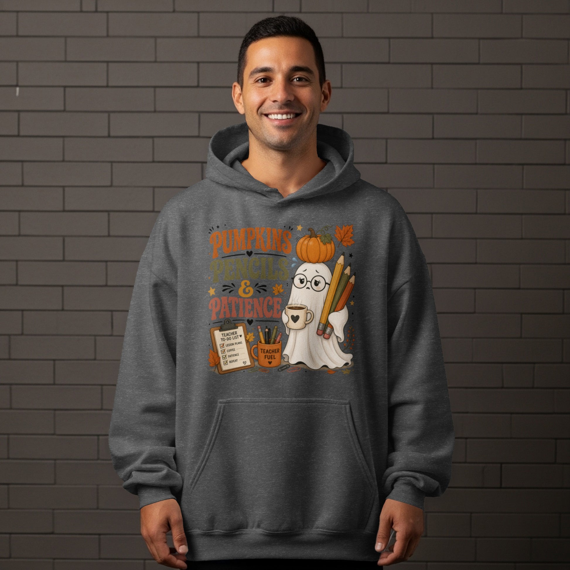 Ghost with pumpkin and pencils graphic, "Pumpkins, Pencils & Patience" text.