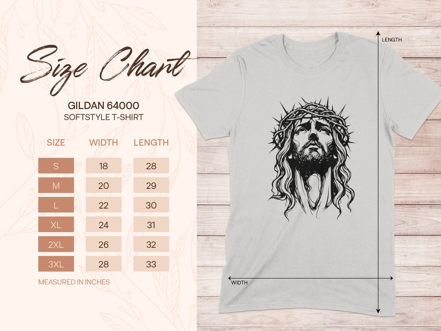 Gildan 64000 Softstyle T-shirt size chart with measurements in inches.