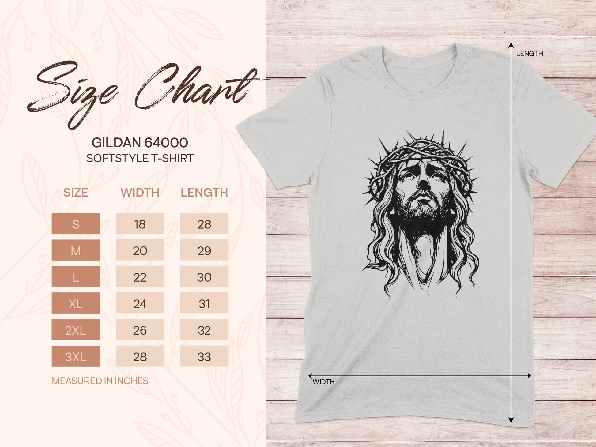 Gildan 64000 Softstyle T-shirt size chart with measurements in inches.