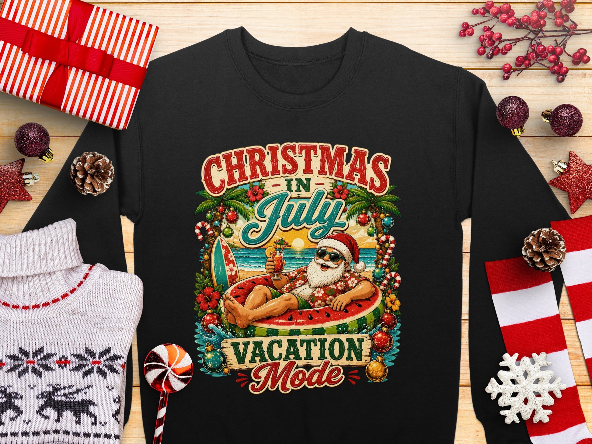 Santa in a watermelon inner tube, "Christmas in July Vacation Mode" text.