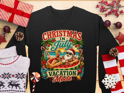 Santa in a watermelon inner tube, "Christmas in July Vacation Mode" text.