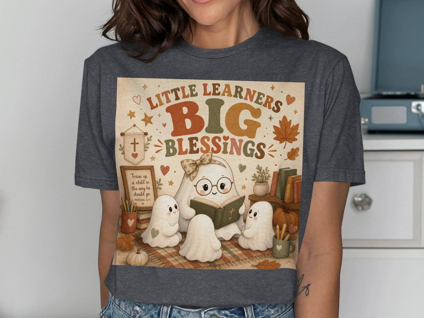 Little Learners Big Blessings with ghosts reading and a Bible verse.