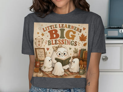 Little Learners Big Blessings with ghosts reading and a Bible verse.