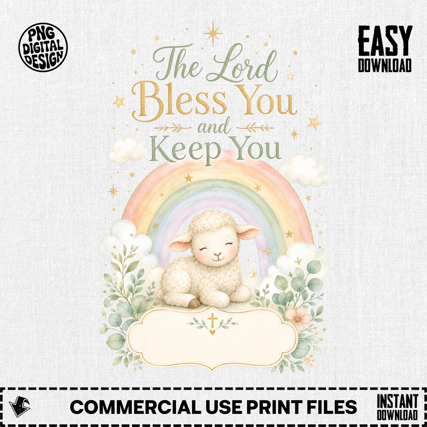 Watercolor lamb with a rainbow and greenery, text says "The Lord Bless You and Keep You."
