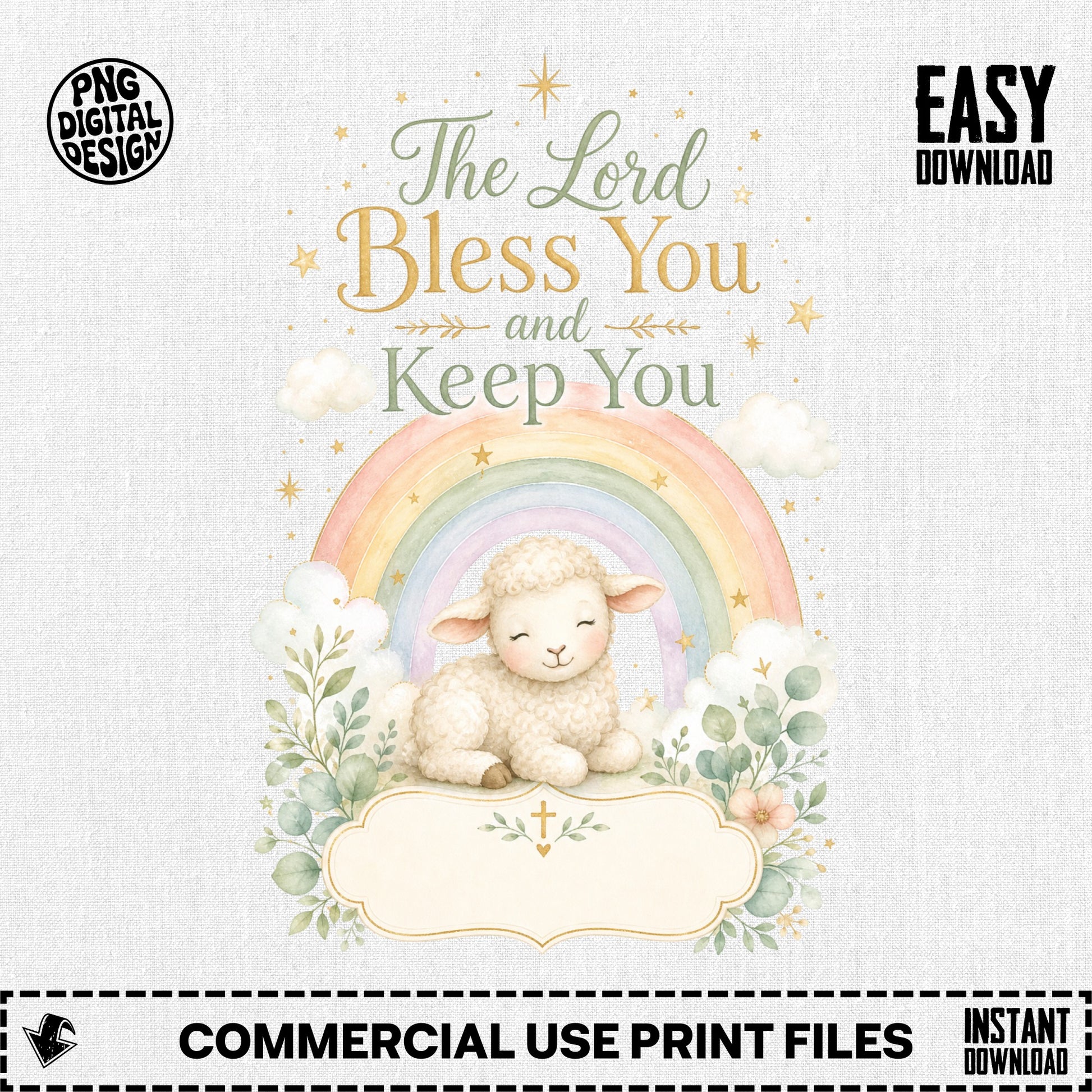 Watercolor lamb with a rainbow and greenery, text says "The Lord Bless You and Keep You."