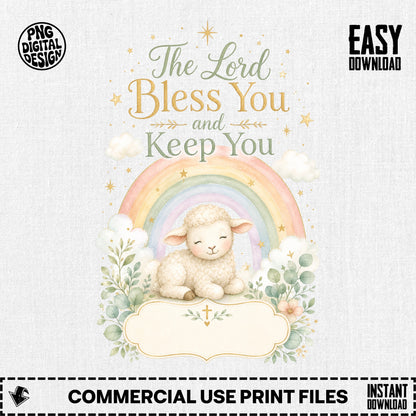 Watercolor lamb with a rainbow and greenery, text says "The Lord Bless You and Keep You."