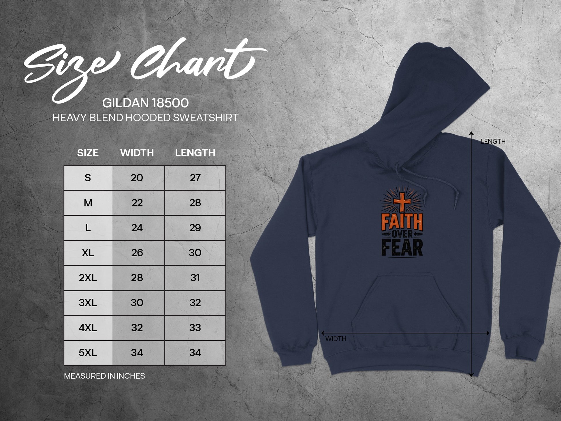 Gildan 18500 hoodie size chart with width and length measurements.