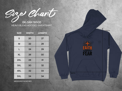 Gildan 18500 hoodie size chart with width and length measurements.