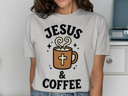 Brown mug with cross and steam, text "JESUS & COFFEE".