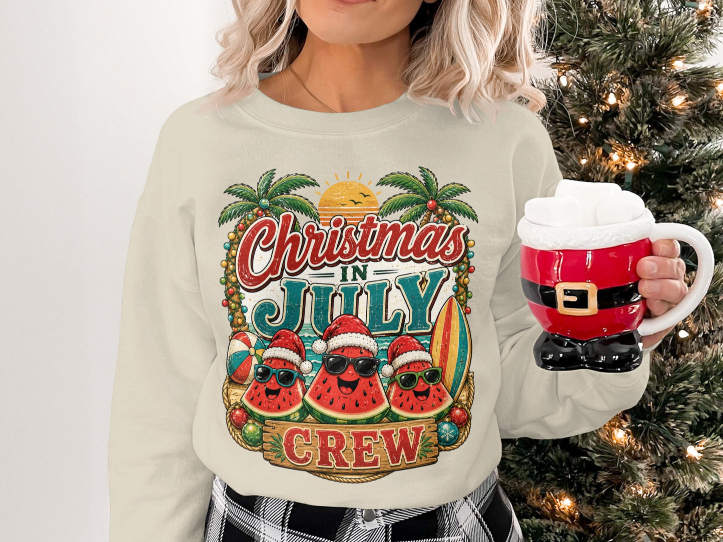 Crewneck sweatshirt with "Christmas in July Crew" design featuring sunglasses-wearing watermelons.