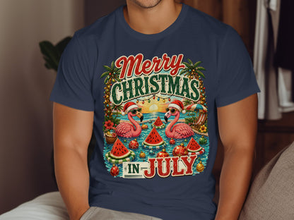 Two flamingos in Santa hats float in water with watermelon slices and palm trees.