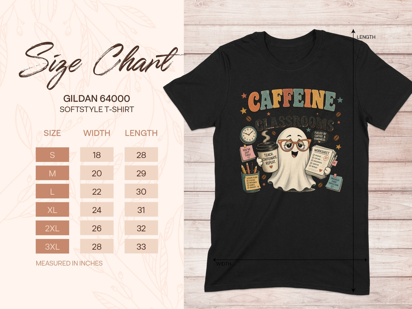 Black t-shirt with ghost graphic, "Caffeine Classrooms" text, and size chart.