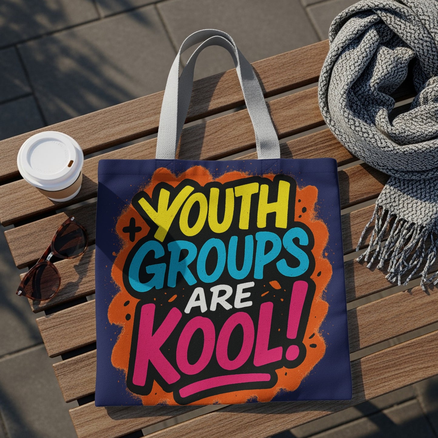 Navy tote bag with "YOUTH GROUPS ARE KOOL!" graffiti-style text.