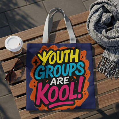 Navy tote bag with "YOUTH GROUPS ARE KOOL!" graffiti-style text.
