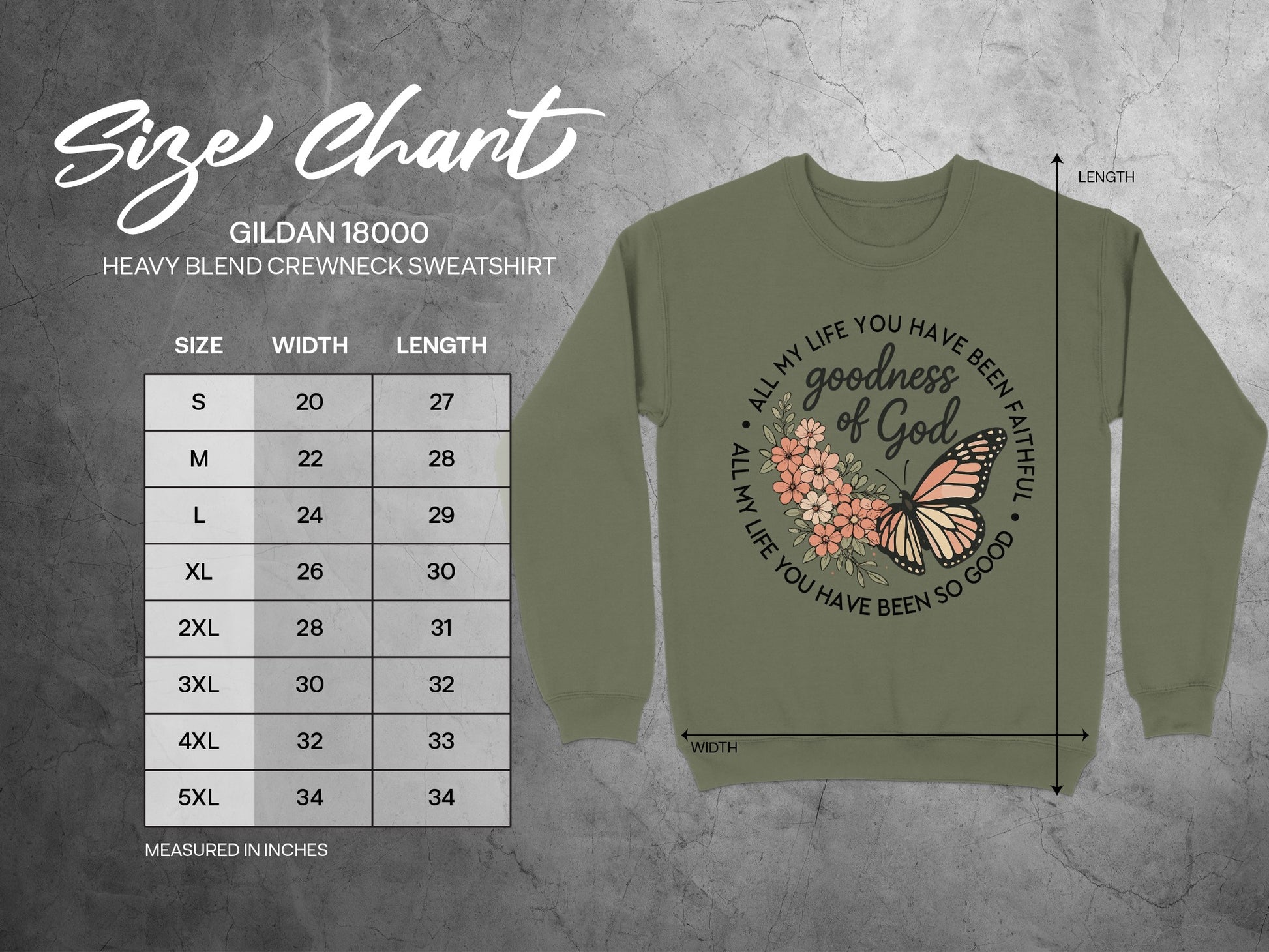 Gildan 18000 sweatshirt size chart with measurements and a graphic of butterflies and text.